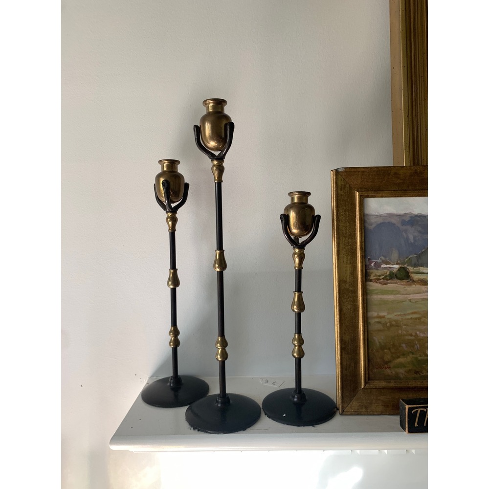 Set of 3 Vintage Brass & Black Metal Taper Candlestick Holders inspired Tiffany